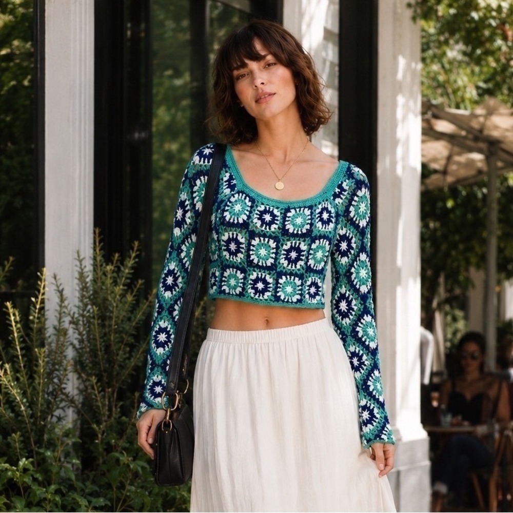 Crochet Granny Square Bell Sleeve Crop Top S Blue Green Boh - Picture 6 of 6